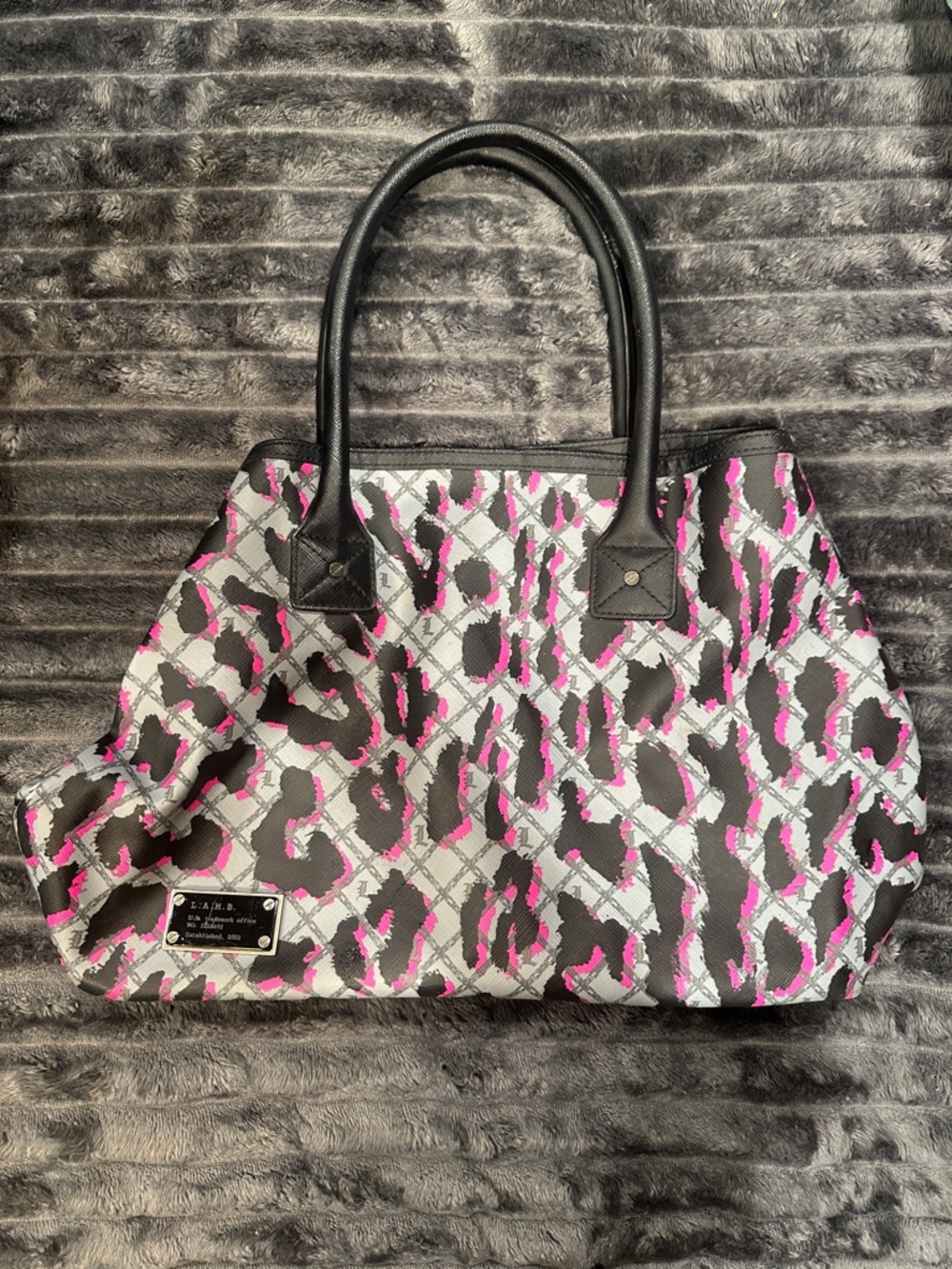 L.A.M.B Pink & Black Leopard Print Tote Bag with Black Handles